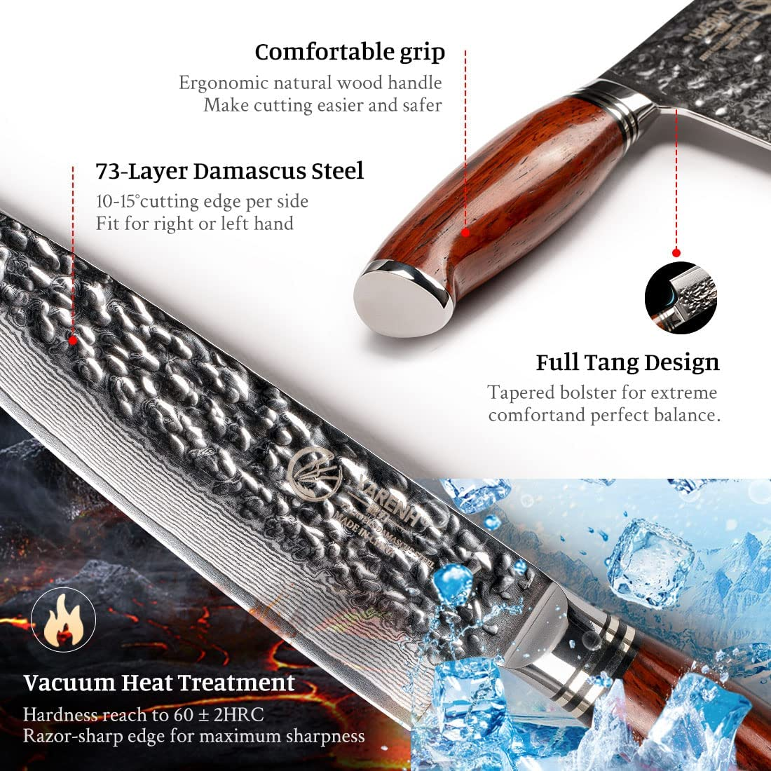 YARENH Damascus Kitchen Knife Set with Cleaver 4 Pcs - 73 Layers Japanese High Carbon Stainless Steel - Full Tang Natural Dalbergia Wood Handle - Professional Chef Knife Set