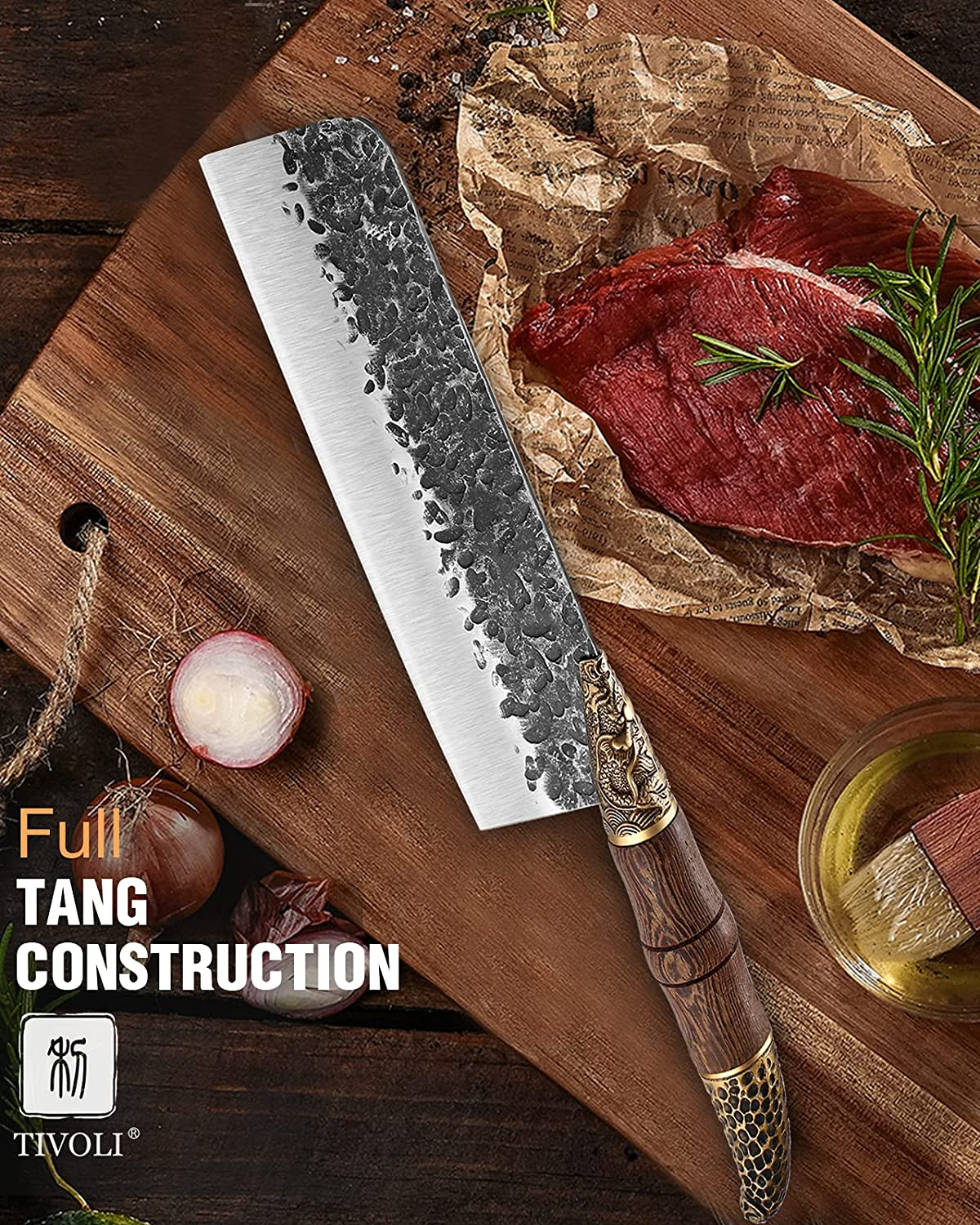 TIVOLI Japanese Chef Knife Set Hand Forged Kitchen Knife Meat Cleaver Knife Full Tang Butcher Knife for Meat Cutting (D- 7.5 Inch Nakiri Knife)