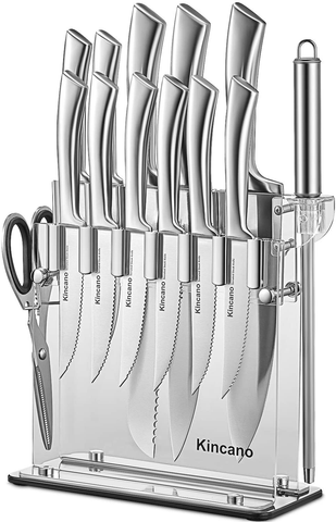 Image of Knife Set, 14 PCS High Carbon Stainless Steel Kitchen Knife Set for Chef, Super Sharp Knife Set with Acrylic Stand, Include Steak Knives, Sharpener and Scissors, Ergonomical Design by Kincano