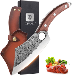 TIVOLI Meat Cleaver Knife Hand Forged Kitchen Knife Full Tang Boning Knife with Sheath Carbon Steel Chef Knife Butcher Knife for Home, Outdoor, Camping
