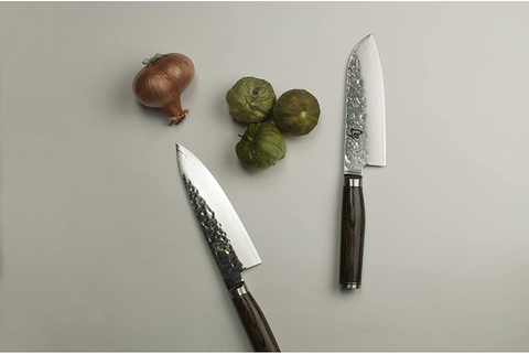 Image of Shun Premier 5.5-Inch Santoku; Top Performance in Smaller Kitchen Knife; Proprietary Steel, High-Performance Blade; Hammered Tsuchime Blade Finish; Walnut Pakkawood Handle; Handcrafted in Japan