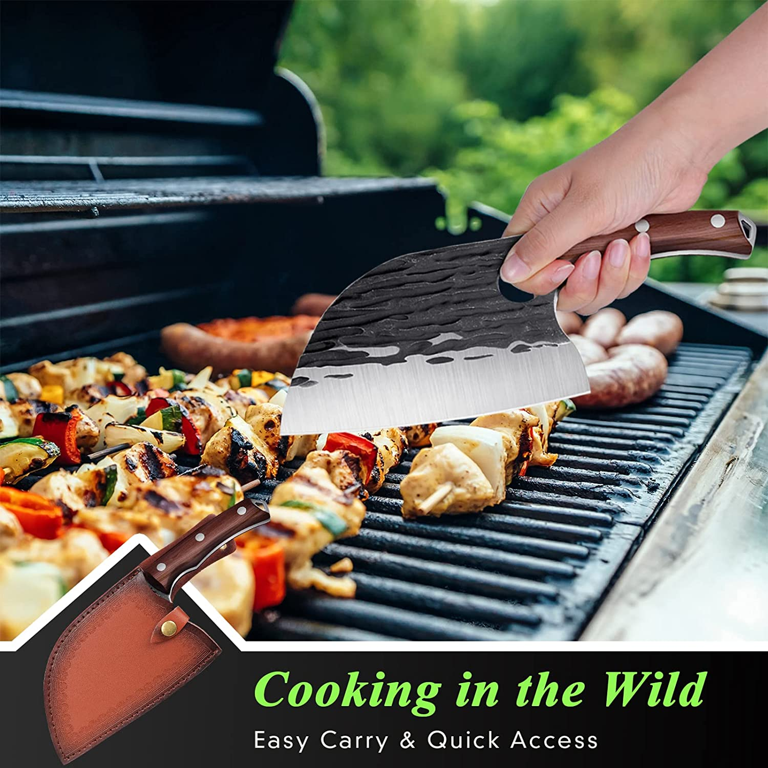 Upgraded Serbian Chef Knife 11.4 Inch Viking Cleaver Knife Hand Forged Japanese Kitchen Knives Sharp Chopping Knife Full Tang Handle Butcher Knife with Sheath Outdoor Boning Knife BBQ Camping Gift