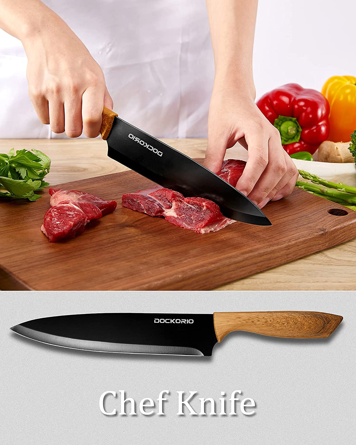 Dockorio Kitchen Knife Set with Block, 19 PCS High Carbon Stainless Steel Sharp Kitchen Knife Set Includes Serrated Steak Knives Set, Chef Knives, Bread Knife, Scissor, Sharpener, All in One Knife Set