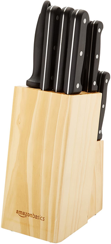 Image of Amazon Basics 14-Piece Kitchen Knife Block Set, High-Carbon Stainless Steel Blades with Pine Wood Knife Block