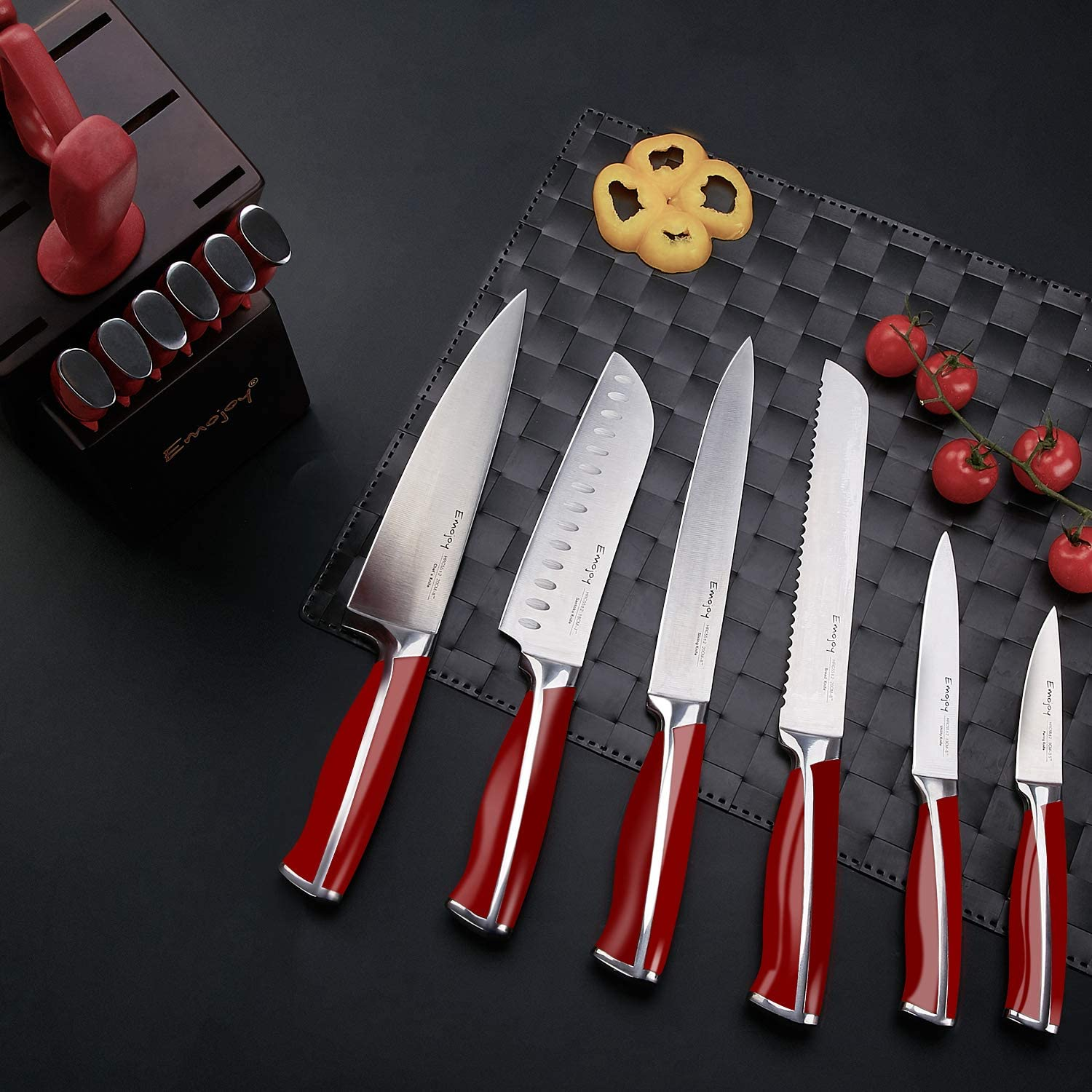 Knife Set, Emojoy 15 Piece Kitchen Knife Set with Block Wooden, German Stainless Steel Sharp Chef Knife Set with Sharpener, Dishwasher Safe and Rust Proof, Red, Black, Blue