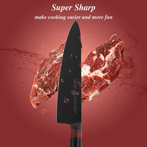 Image of TUO Chef Knife 8" - Japanese Gyuto Knife Super Sharp Chefs Knives Black Titanium Coated Blade - Premium AUS-8 Stainless Steel Ergonomic Pakkawood Handle - Dark Knight Series with Sheath & Gift Box