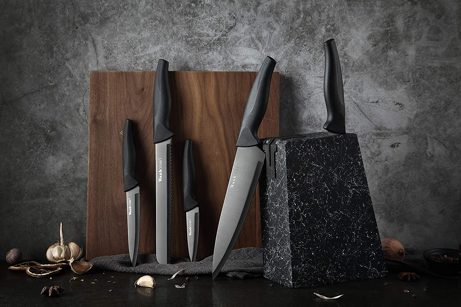 Marbling Black Kitchen Knife Set Block, Kitchen Knife Set Block Wood, Professional Kitchen Knife Set Block with Knife Sharpener