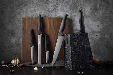 Image of Marbling Black Kitchen Knife Set Block, Kitchen Knife Set Block Wood, Professional Kitchen Knife Set Block with Knife Sharpener