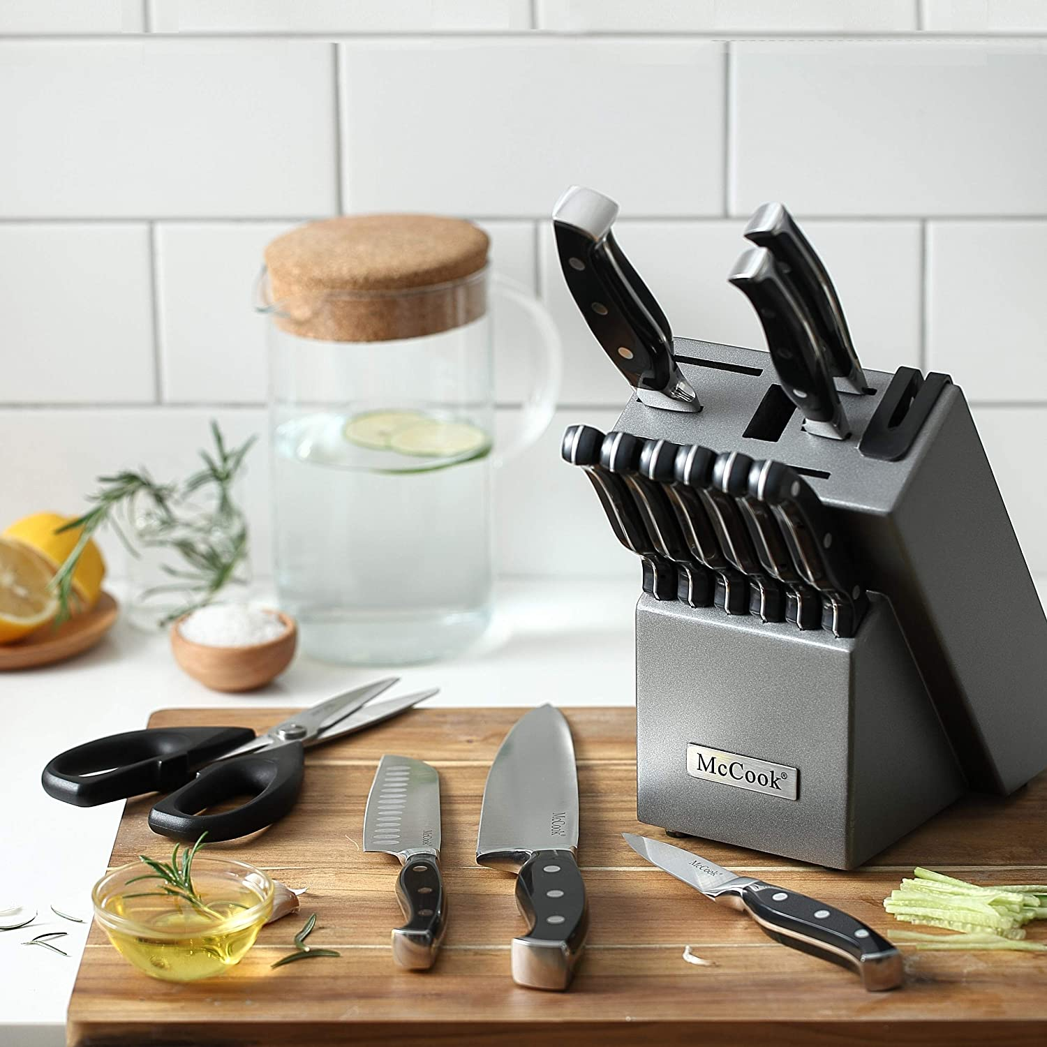 Mccook MC25A Knife Sets,15 Pieces German Stainless Steel Kitchen Knife Block Set with Built-In Sharpener
