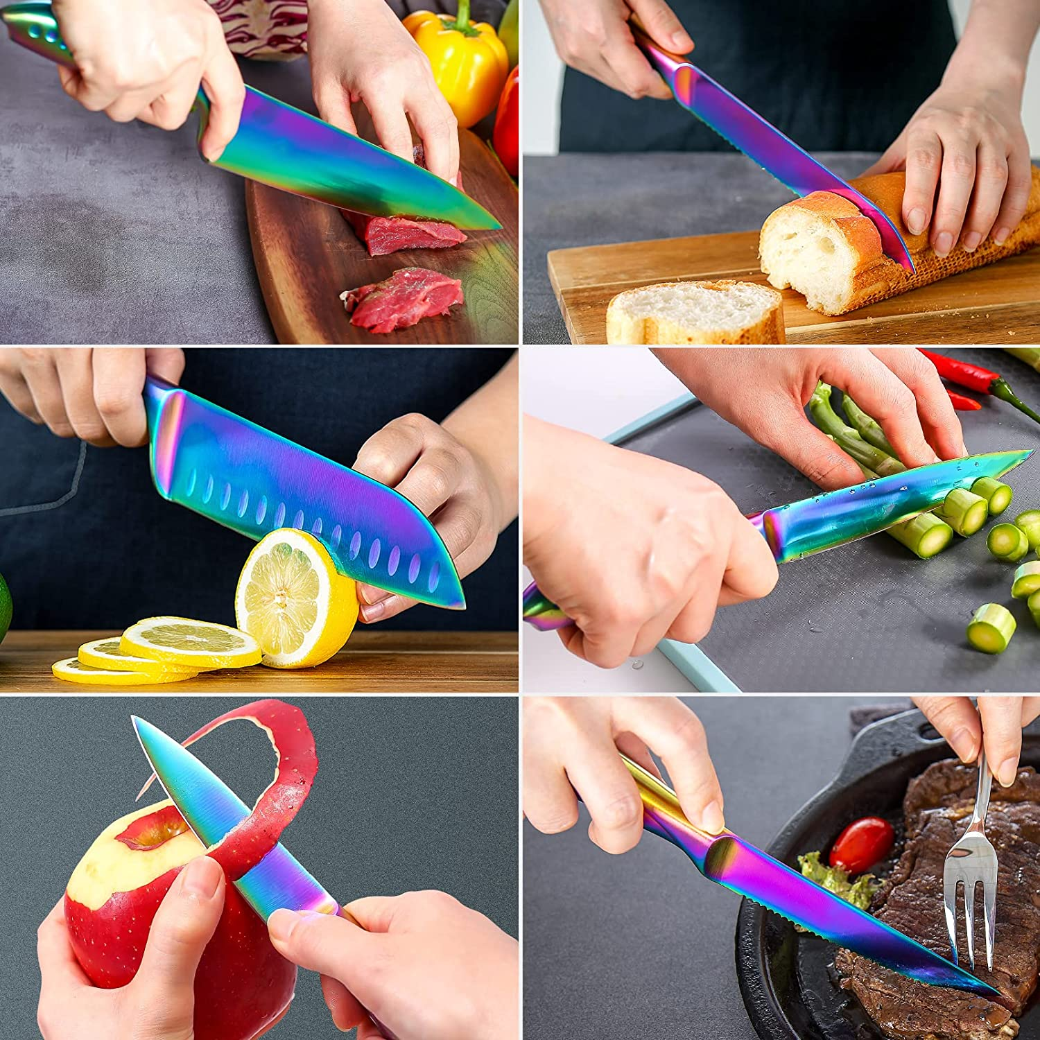 WELLSTAR Rainbow Knife Set 14 Pieces, Iridescent German Stainless Steel Kitchen Knives Set with Wooden Block, Colorful Titanium Coating, Chef’S Knife Block Set with Scissors and Built-In Sharpener
