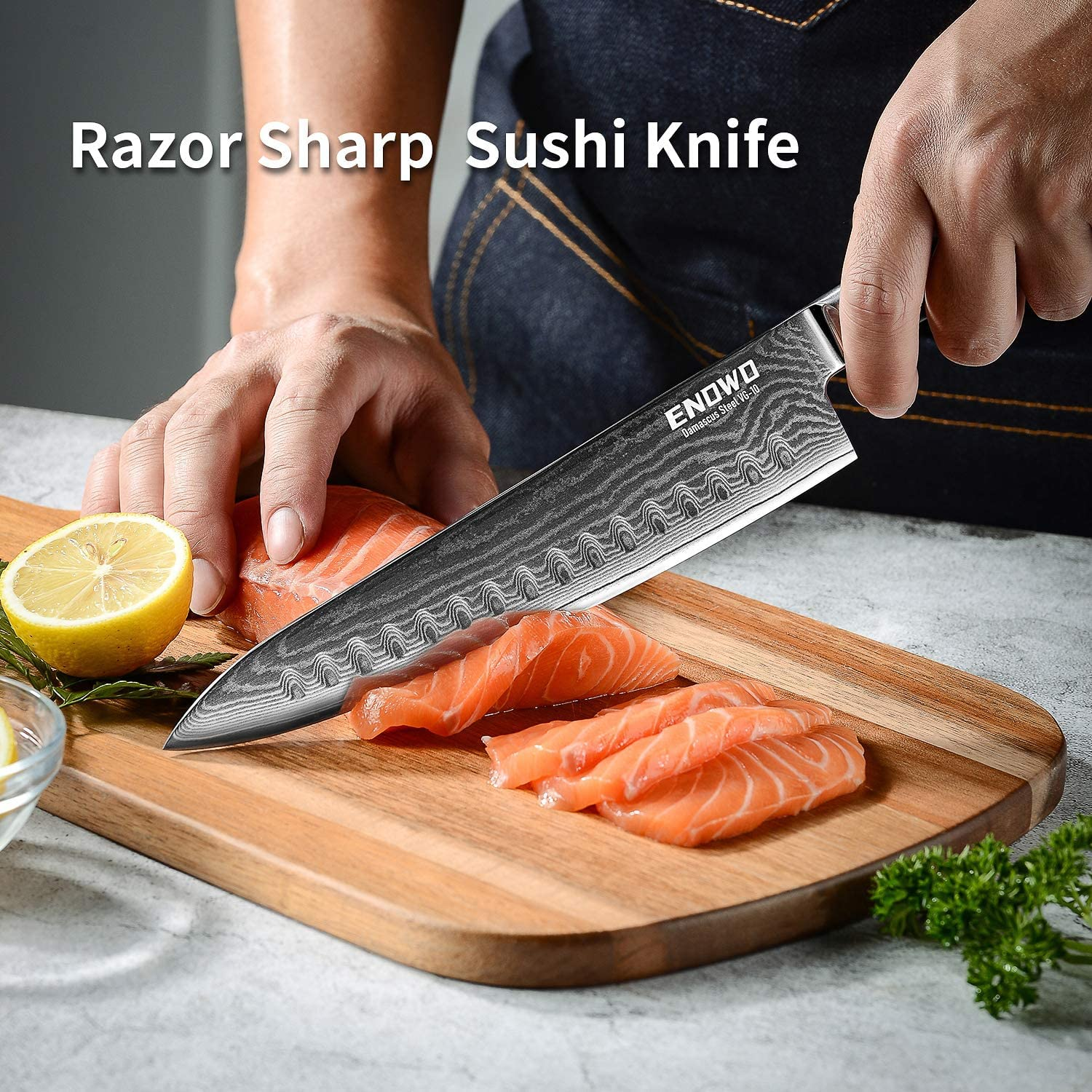 Enowo Damascus Chef Knife 8 Inch with Clad Dimple,Razor Sharp Kitchen Carving Sushi Knife Made of Japanese VG-10 Stainless Steel,Gift Box,Ergonomic, Superb Edge Retention, Stain & Corrosion Resistant