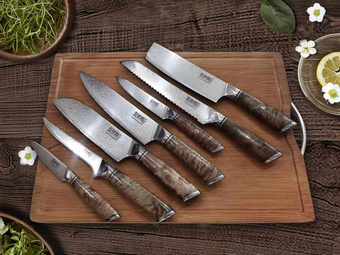 Image of Kitchen Damascus Knife Set Japanese VG-10 Steel Knives Block Set Shadow Wood Handle for Chef Knife Set High Carbon Core Stainless Steel Full Tang Kitchen Knife Set with Block High End (8 Piece)