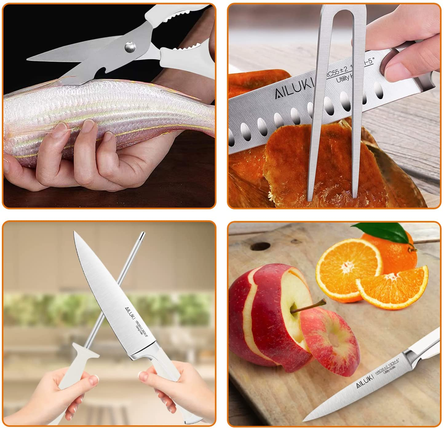 Knife Set,18 Piece Kitchen Knife Set with Block Wooden and Sharpener, Professional High Carbon German Stainless Steel Chef Knife Set, Ultra Sharp Full Tang Forged White Knives Set