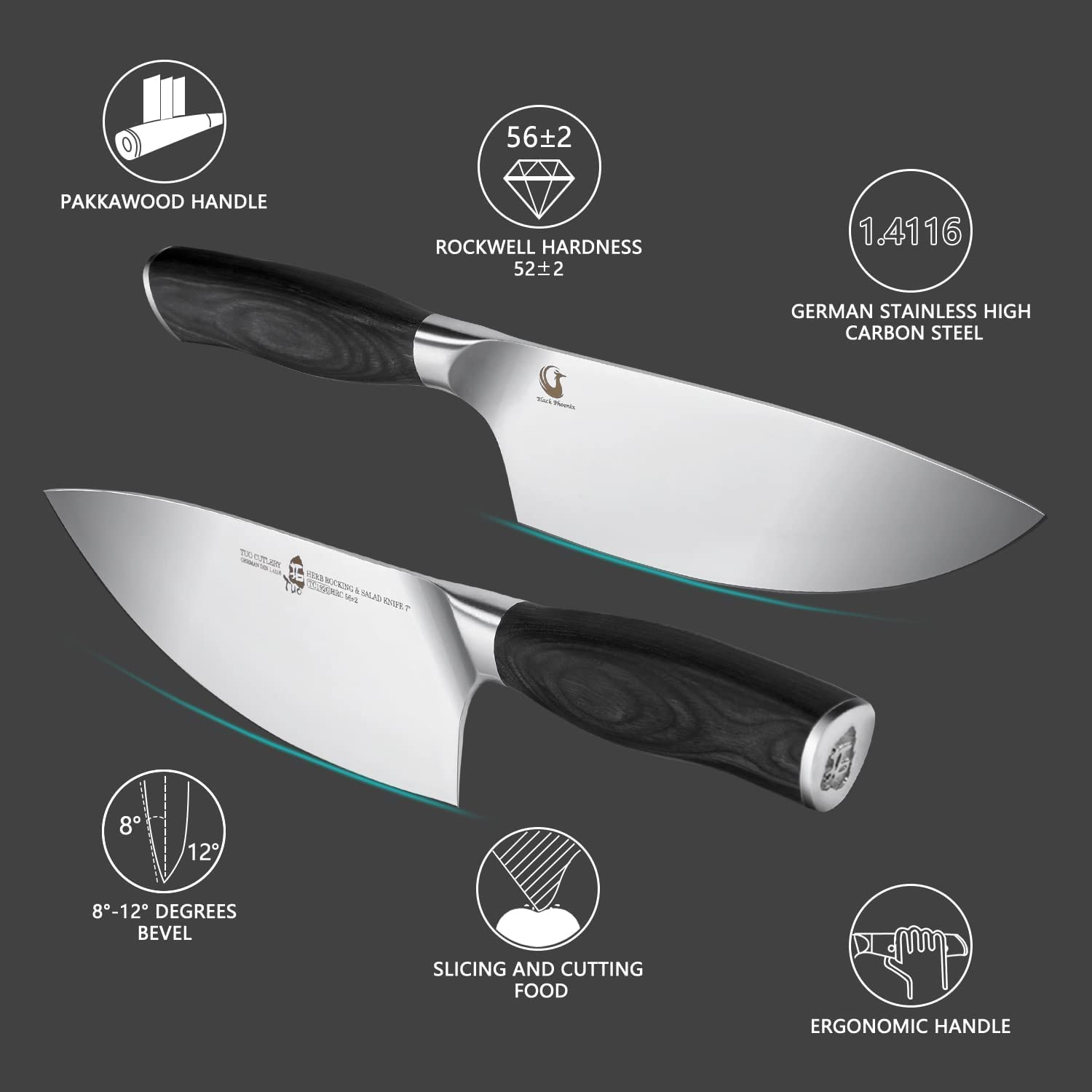 TUO Herb Rocking&Salad Knife- 7 Inch Vegetable Cleaver, German HC Steel Ergonomic Pakkawood Handle Gift Box Cutlery, Fiery Phoenix Series - Black