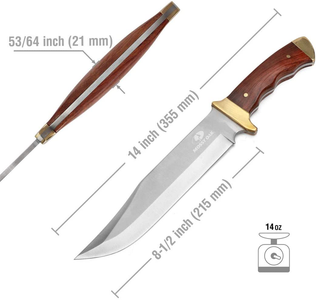 MOSSY OAK 14-Inch Bowie Knife, Full-Tang Fixed Blade Wood Handle with Leather Sheath