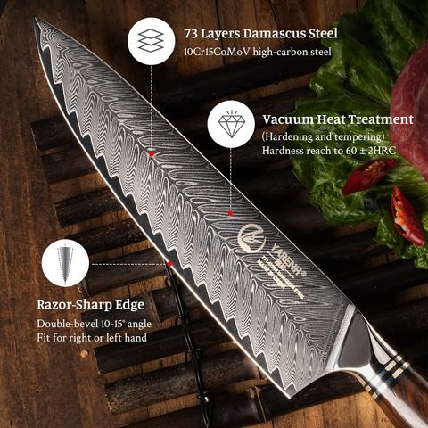 Image of YARENH Damascus Chef Knife 8 Inch with Sheath - Professional Kitchen Knife - 73 Layers Japanese Damascus High Carbon Steel - Full Tang Dalbergia Wood Handle - FYW Series