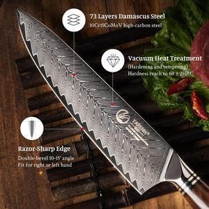 YARENH Damascus Chef Knife 8 Inch with Sheath - Professional Kitchen Knife - 73 Layers Japanese Damascus High Carbon Steel - Full Tang Dalbergia Wood Handle - FYW Series