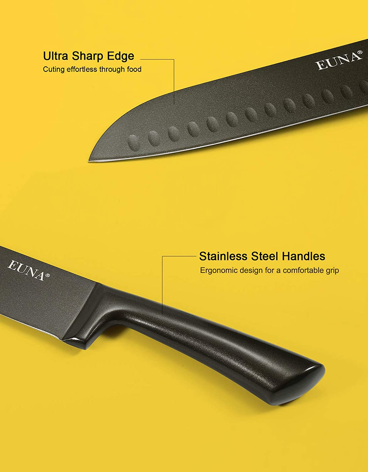 EUNA 5 PCS Kitchen Knife Boxed Set Ultra Sharp Japanese Knives with Sheaths and Gift Box Chefs Knives Set for Professional Multipurpose Cooking with PP Ergonomic Handle (Black-Brown)