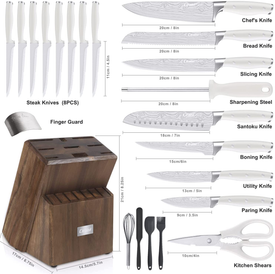 Knife Set, 23 PCS Kitchen Knife Set with Block, Germany High Carbon Stainless Steel Chef Knife Block Set, Knives Set for Kitchen with Sharpener & Finger Guard, Ultra Sharp, White