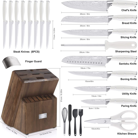 Image of Knife Set, 23 PCS Kitchen Knife Set with Block, Germany High Carbon Stainless Steel Chef Knife Block Set, Knives Set for Kitchen with Sharpener & Finger Guard, Ultra Sharp, White