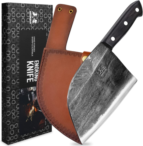 Image of ENOKING Serbian Chef Knife Meat Cleaver Forged Butcher Knife with Full Tang Handle Leather Sheath Kitchen Knife for Kitchen, Camping, BBQ