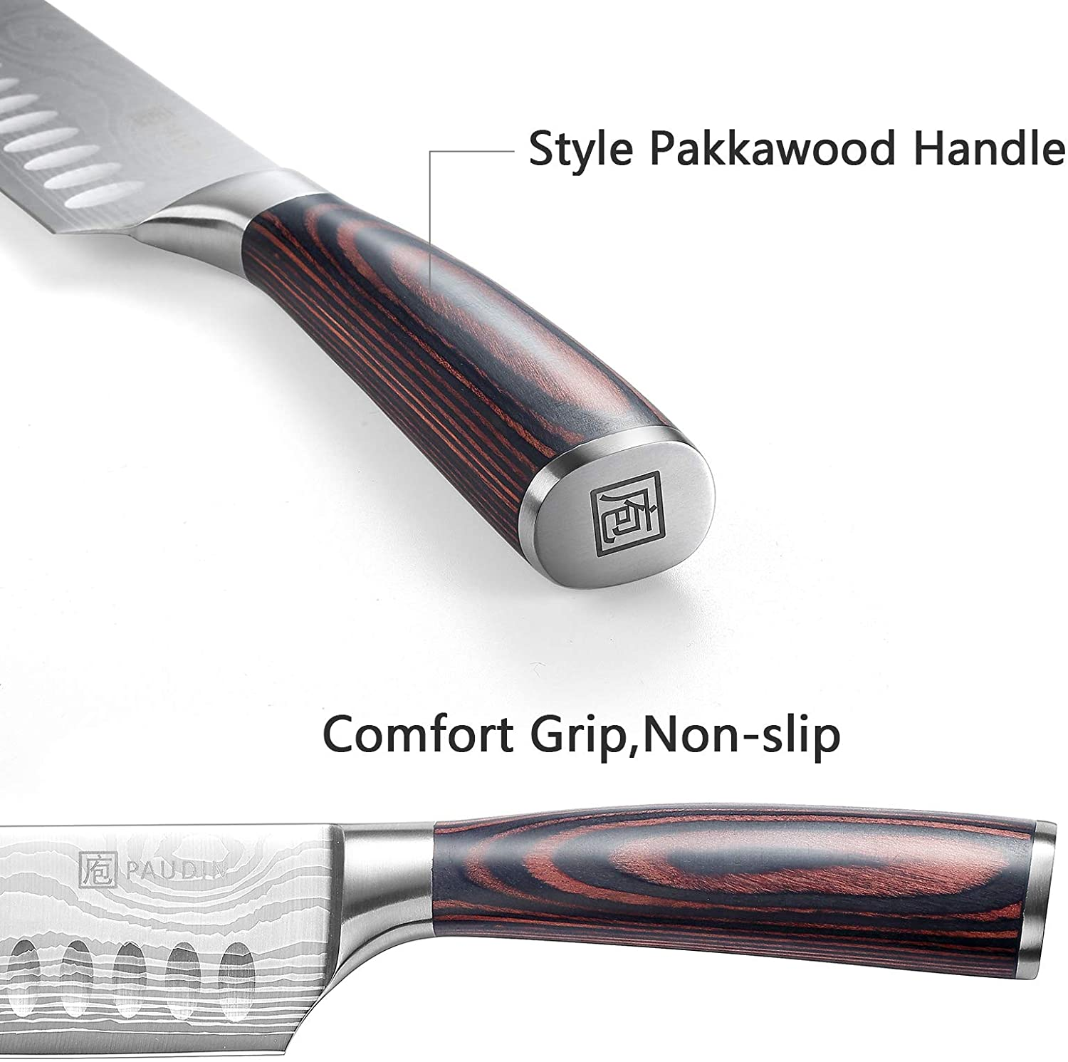 Santoku Knife - PAUDIN N5 7" Kitchen Knife, High Carbon Stainless Steel Chef Knife, Super Sharp Multifunctional Chopping Knife for Meat Vegetable Fruit with Pakkawood Handle and Gift Box