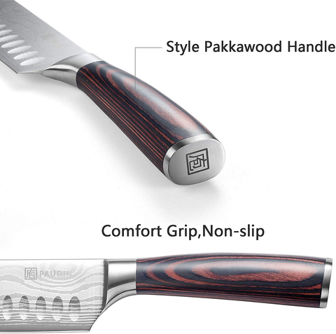 Image of Santoku Knife - PAUDIN N5 7" Kitchen Knife, High Carbon Stainless Steel Chef Knife, Super Sharp Multifunctional Chopping Knife for Meat Vegetable Fruit with Pakkawood Handle and Gift Box