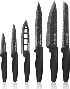 Nutriblade 6 PC Knife Set by Granitestone, Professional Kitchen Chef’S Knives with Ultra Sharp Stainless Steel Blades and Nonstick Granite Coating, Easy-Grip Handle, Rust-Proof, Dishwasher-Safe, Black