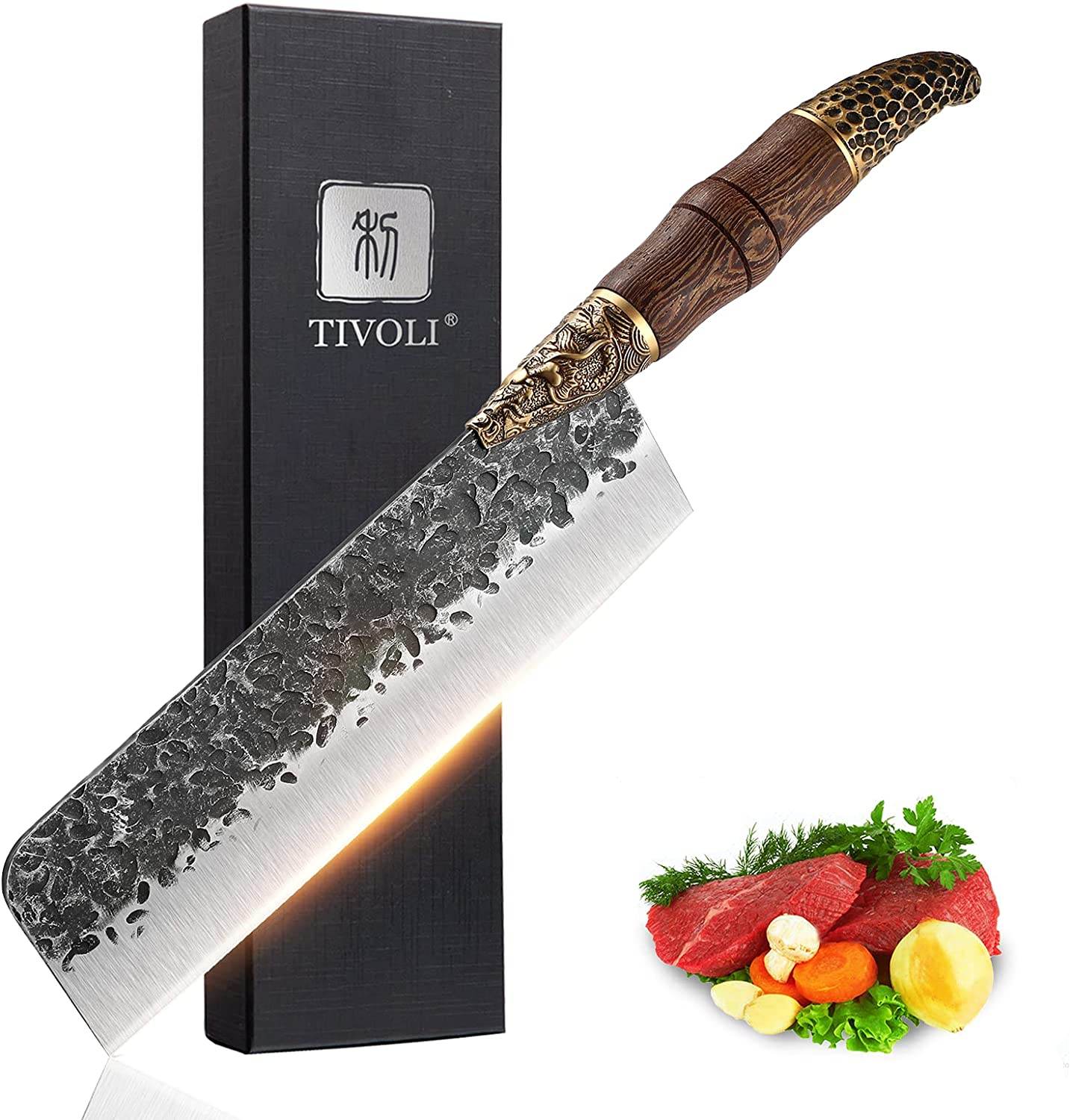 TIVOLI Japanese Chef Knife Set Hand Forged Kitchen Knife Meat Cleaver Knife Full Tang Butcher Knife for Meat Cutting (D- 7.5 Inch Nakiri Knife)