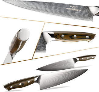 Kitchen Damascus Knife Set, 9-Piece Kitchen Knife Set with Block, Non-Slip G10 Ergonomic Triple Rivet Handle for Chef Knives, Knife Sharpener and Kitchen Shears, Natural Wood Block (Black)