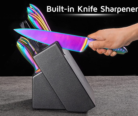 Image of WELLSTAR Rainbow Knife Set 14 Pieces, Iridescent German Stainless Steel Kitchen Knives Set with Wooden Block, Colorful Titanium Coating, Chef’S Knife Block Set with Scissors and Built-In Sharpener