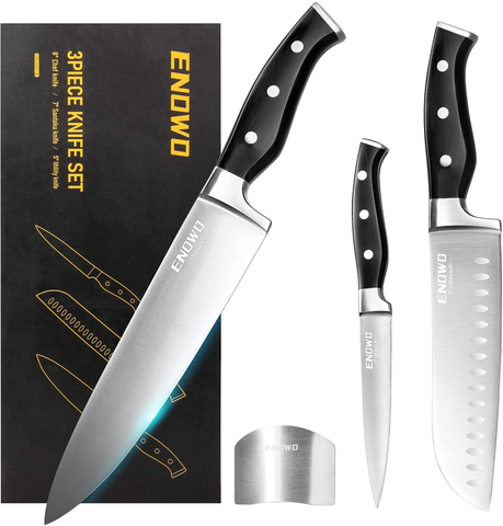 Image of Enowo Chef Knife Ultra Sharp Kitchen Knife Set 3 Pcs,Premium German Stainless Steel Knife with Finger Guard Clad Dimple,Ergonomic Handle and Gift Box