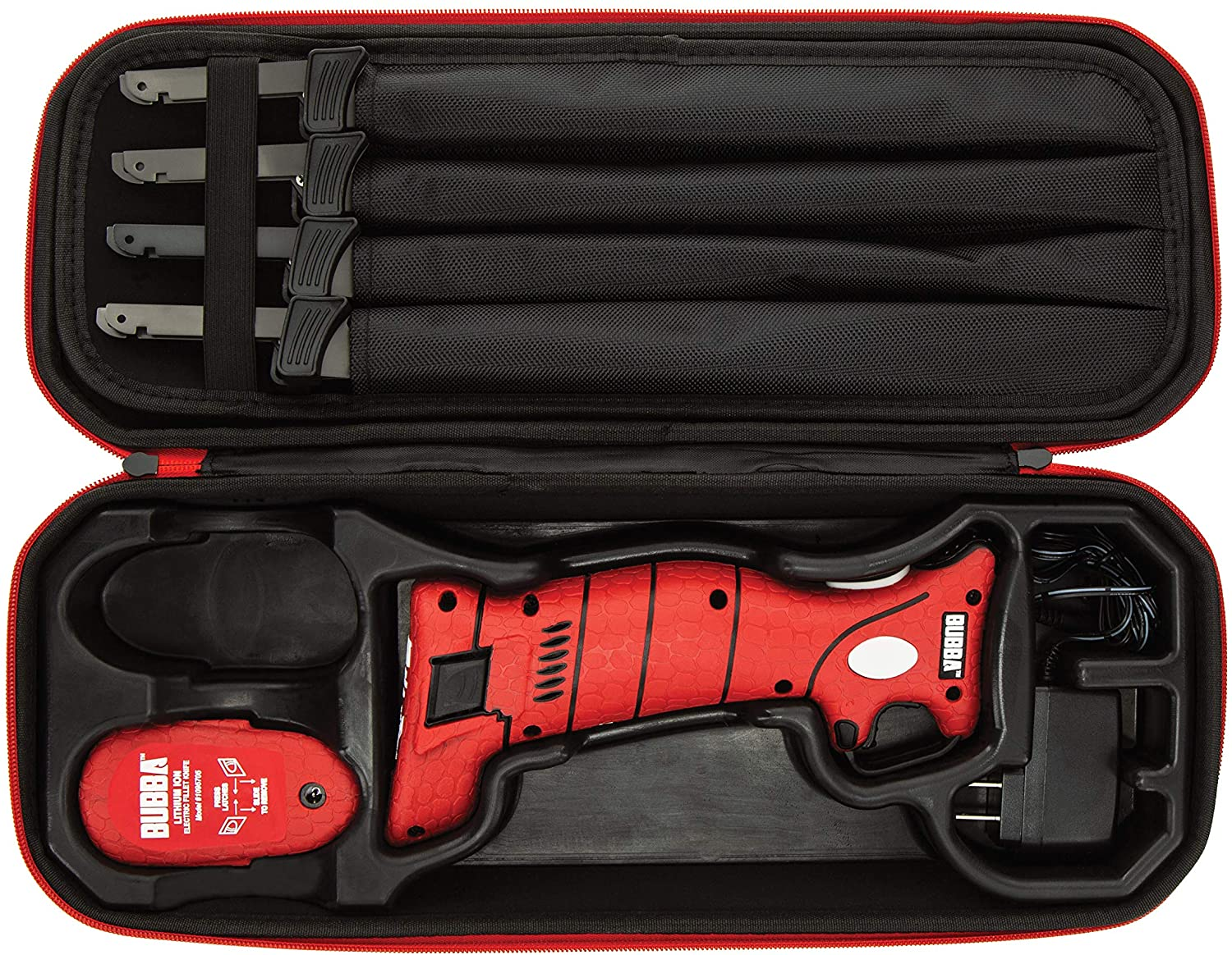 BUBBA Li-Ion Cordless Electric Fillet Knife with Non-Slip Grip Handle, 4 Ti-Nitride S.S. Coated Non-Stick Reciprocating Blades, Charger and Case for Fishing