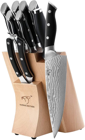 Image of Kitchen Damascus Knife Set, 9-Piece Kitchen Knife Set with Block, ABS Ergonomic Handle for Chef Knife Set, Knife Sharpener and Kitchen Shears, Beechwood Block