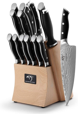 Kitchen Damascus Knife Set, 15-Piece Kitchen Knife Set with Block, ABS Ergonomic Handle for Chef Knife Set and Serrated Steak Knives Knife Sharpener and Kitchen Shears, Beechwood Block
