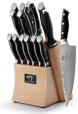Image of Kitchen Damascus Knife Set, 15-Piece Kitchen Knife Set with Block, ABS Ergonomic Handle for Chef Knife Set and Serrated Steak Knives Knife Sharpener and Kitchen Shears, Beechwood Block
