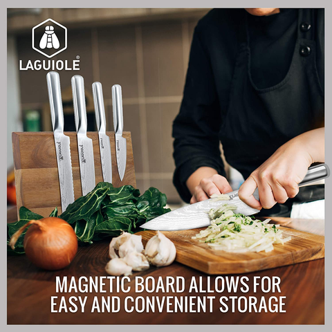 Image of Laguiole 5-Piece Professional Chef'S Knife Set with Magnetic Wood Board Holder for Kitchen