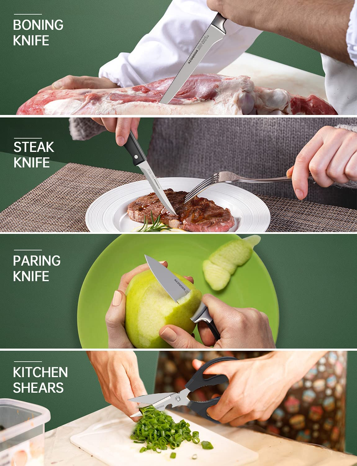 Kitchen Knife Set with Wooden Block, Knife Block Sets 17 Piece with Knife Sharpener, German Stainless Steel and Full-Tang Design by ACOQOOS