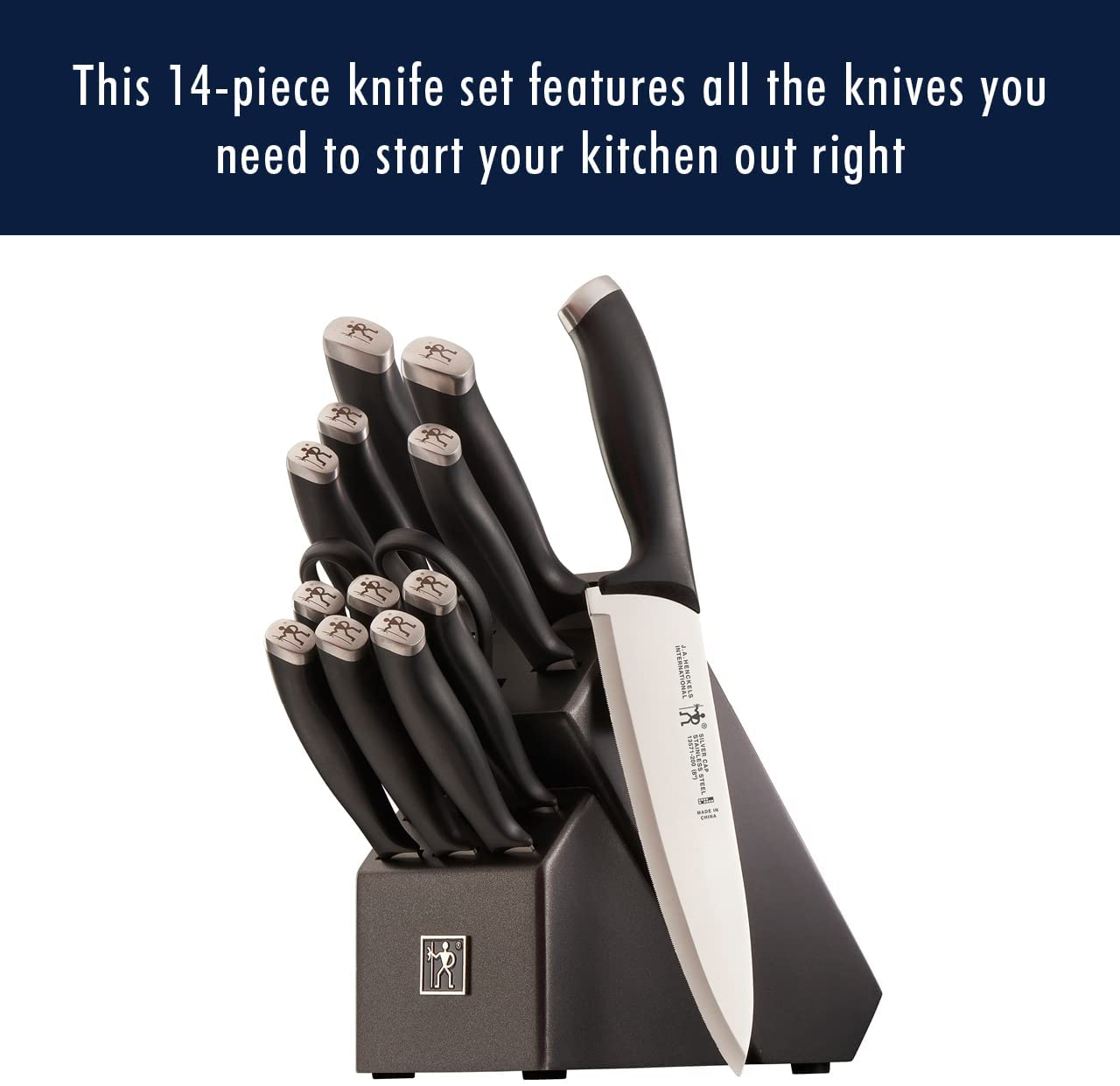 HENCKELS Silvercap 14-Pc Kitchen Knife Set with Block Set, Chef Knife, Bread Knife, Steak Knife Set, Black