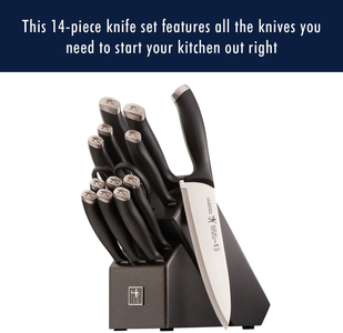 HENCKELS Silvercap 14-Pc Kitchen Knife Set with Block Set, Chef Knife, Bread Knife, Steak Knife Set, Black