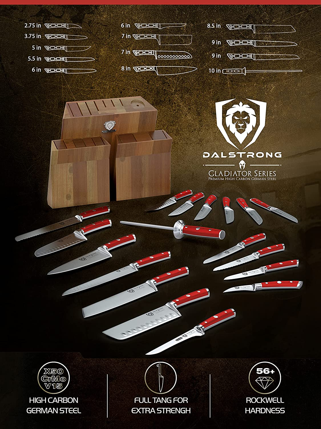 DALSTRONG Knife Set Block - 18-Pc Colossal Knife Set - Gladiator Series - German HC Steel - Red ABS Handles - Acacia Wood Stand - NSF Certified