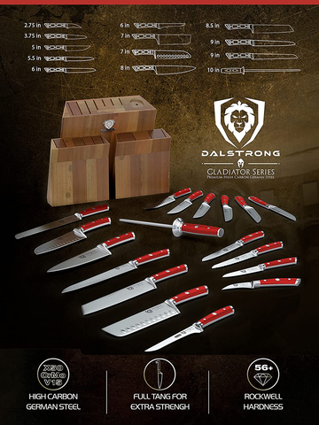 Image of DALSTRONG Knife Set Block - 18-Pc Colossal Knife Set - Gladiator Series - German HC Steel - Red ABS Handles - Acacia Wood Stand - NSF Certified