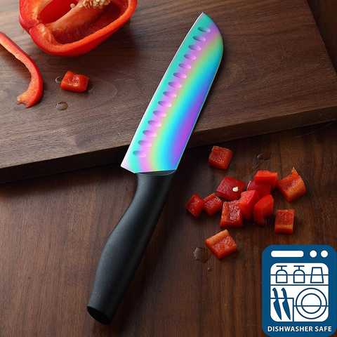 Image of DISHWASHER SAFE KYA25 Rainbow Titanium Cutlery Knife Set, Marco Almond 14-Piece Kitchen Knives Block Sets, Black