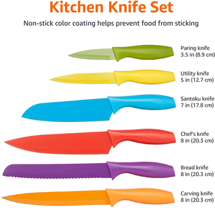 Amazon Basics 12-Piece Color-Coded Kitchen Knife Set, 6 Knives with 6 Blade Guards