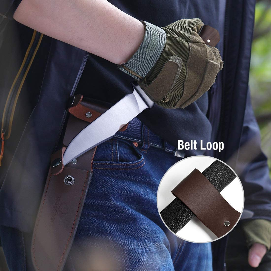 MOSSY OAK 11-Inch Full-Tang Fixed Blade Knife with Leather Sheath, Clip Point Blade and Wood Handle, for Outdoor Survival, Camping