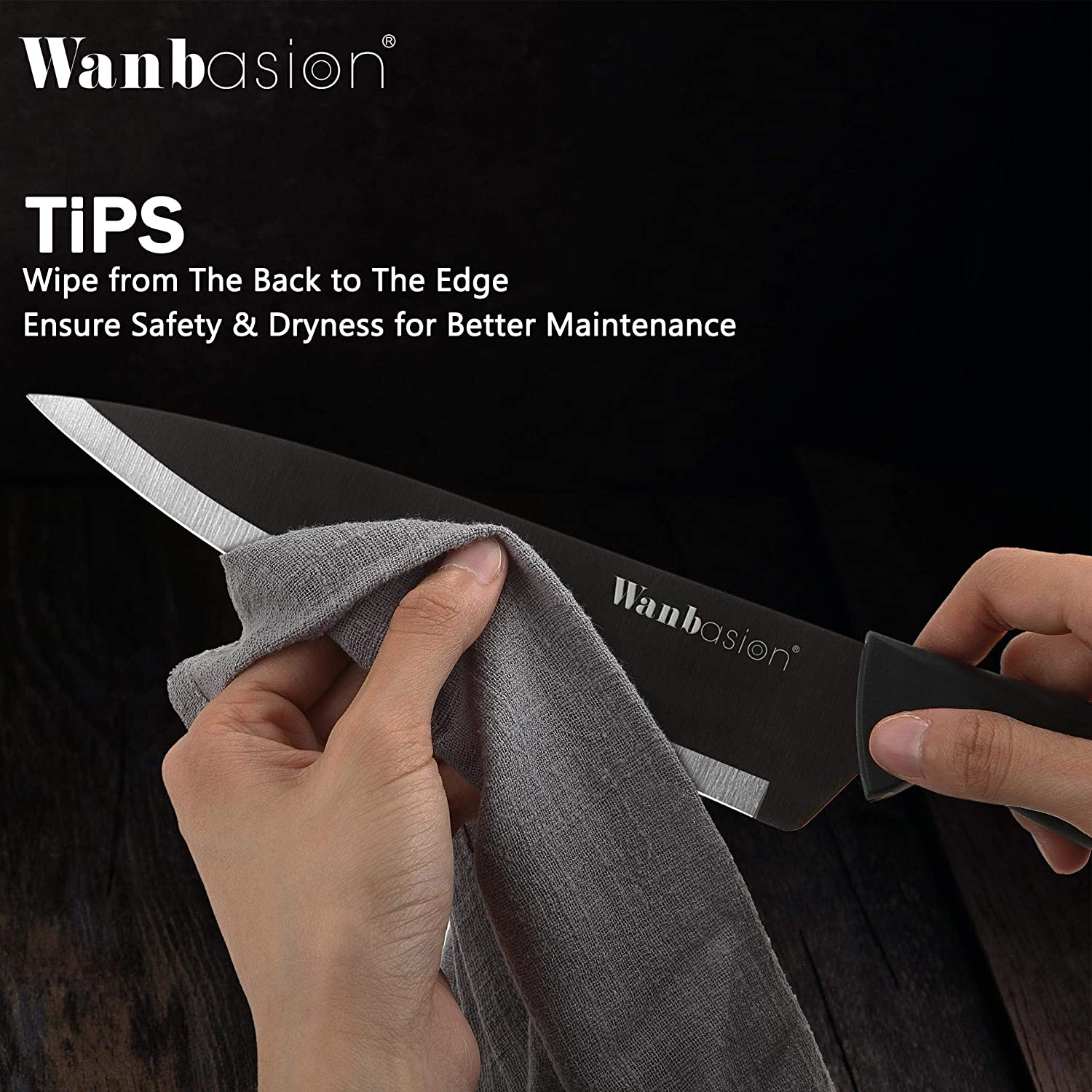 Wanbasion Black Stainless Steel Knife Set, Sharp Kitchen Knife Set Professional, Kitchen Knife Set Dishwasher Safe for Cooking