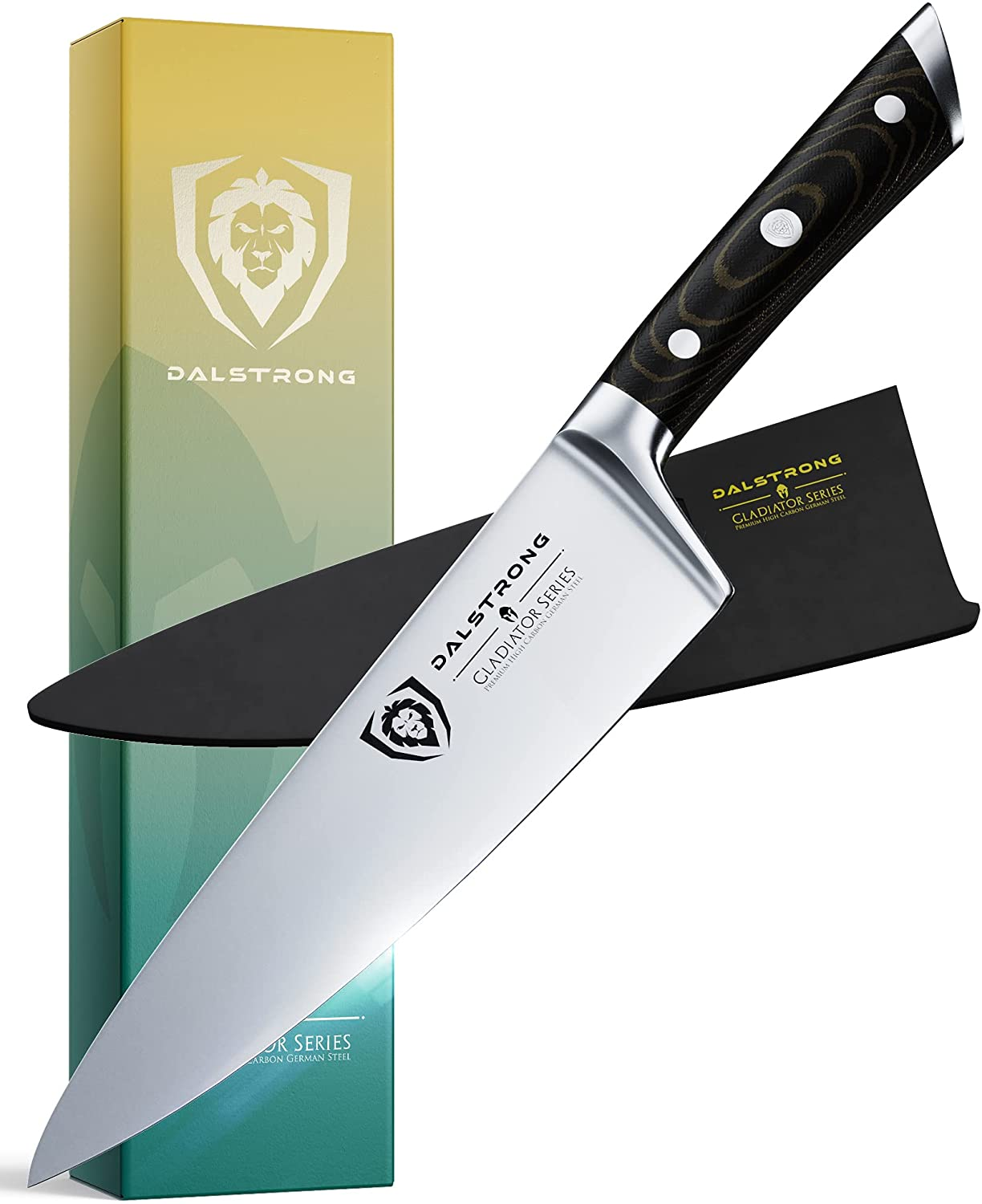 DALSTRONG Chef Knife - 8 Inch - Gladiator Series - Forged High Carbon German Steel - Razor Sharp Kitchen Knife - Full Tang - Black G10 Handle - Sheath Included - NSF Certified