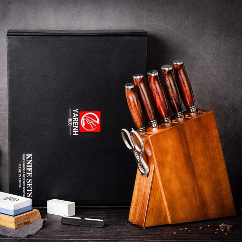Image of Damascus Kitchen Knife Set with Block Wooden and Sharpener Stone- Yarenh Professional Chef Knife Set 8 Piece - Japanese High Carbon Stainless Steel - Galbergia Wood Handle - Gift Box Packaging
