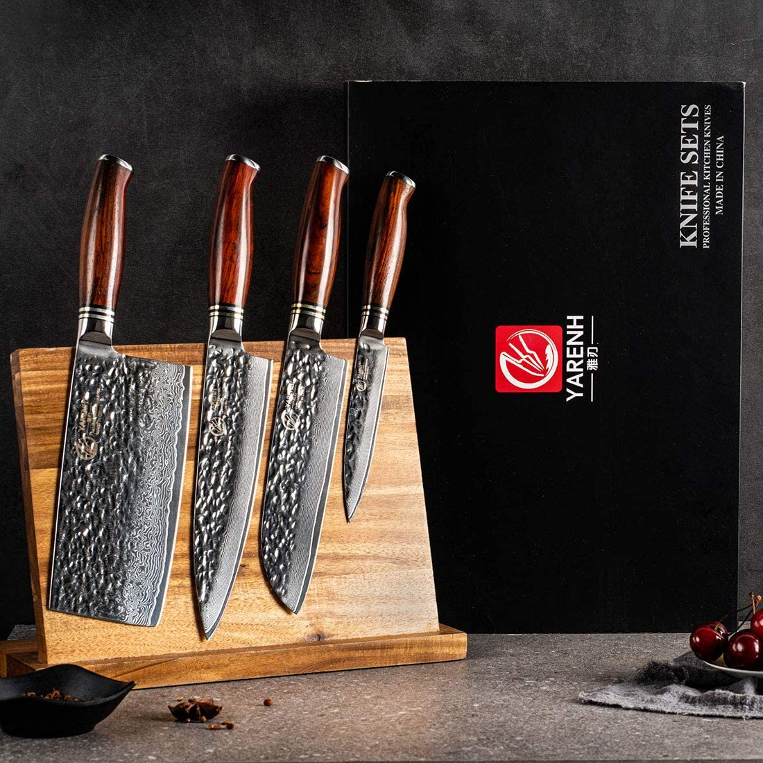 YARENH Damascus Kitchen Knife Set with Cleaver 4 Pcs - 73 Layers Japanese High Carbon Stainless Steel - Full Tang Natural Dalbergia Wood Handle - Professional Chef Knife Set