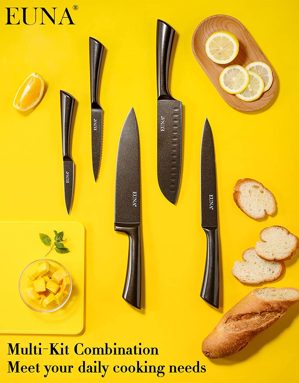 EUNA 5 PCS Kitchen Knife Boxed Set Ultra Sharp Japanese Knives with Sheaths and Gift Box Chefs Knives Set for Professional Multipurpose Cooking with PP Ergonomic Handle (Black-Brown)